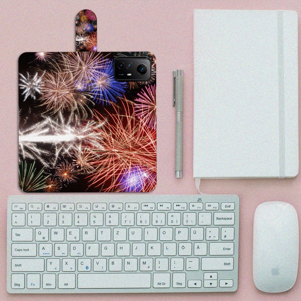 Xiaomi Redmi Note 12S Wallet Case met Pasjes Vuurwerk design vuurwerk aanzicht