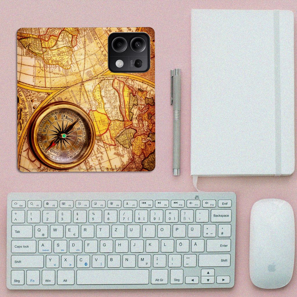 Xiaomi Redmi Note 13 5G Book Cover Kompas kompas wereldkaart bovenaanzicht