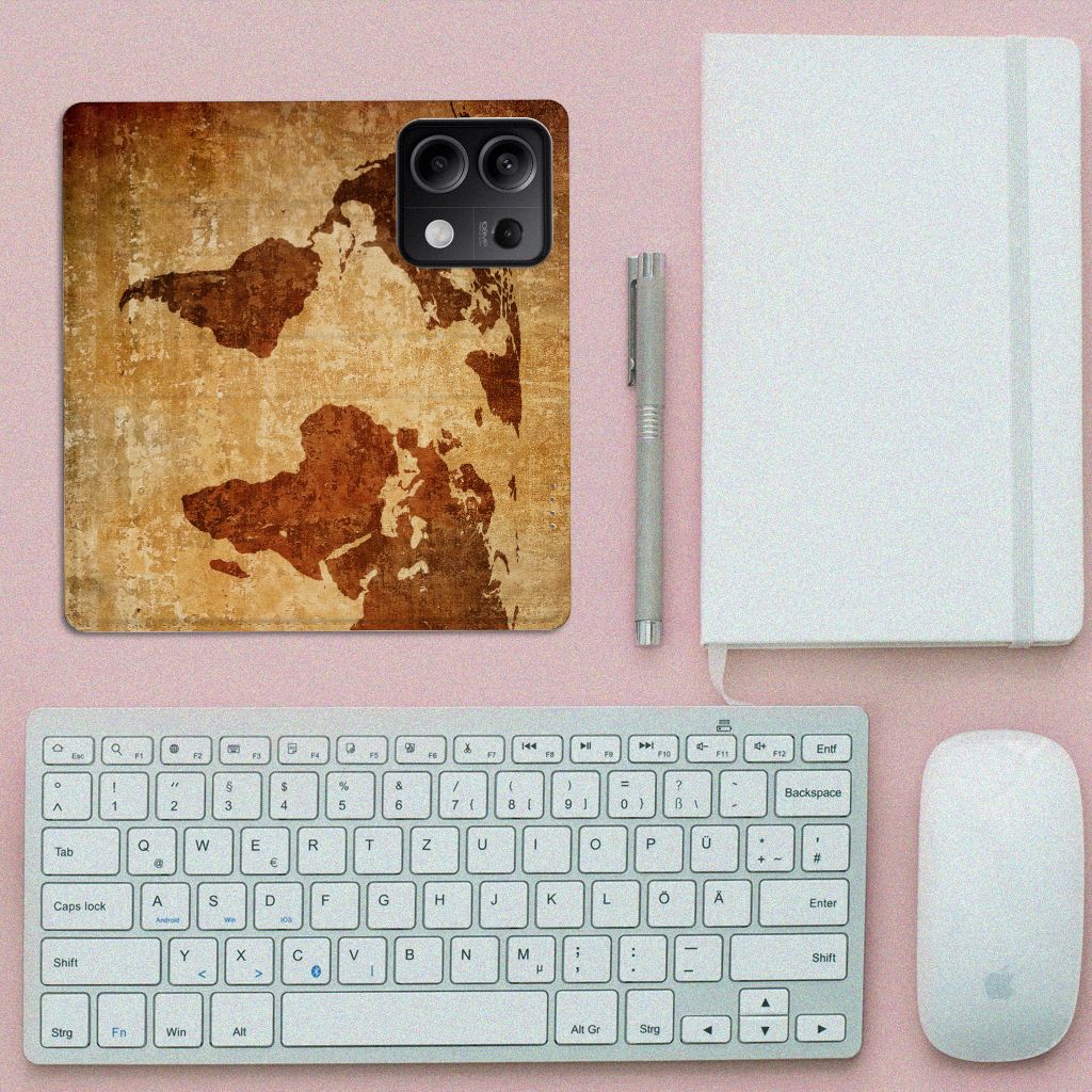 Xiaomi Redmi Note 13 5G Book Cover Wereldkaart wereldkaart design bovenaanzicht