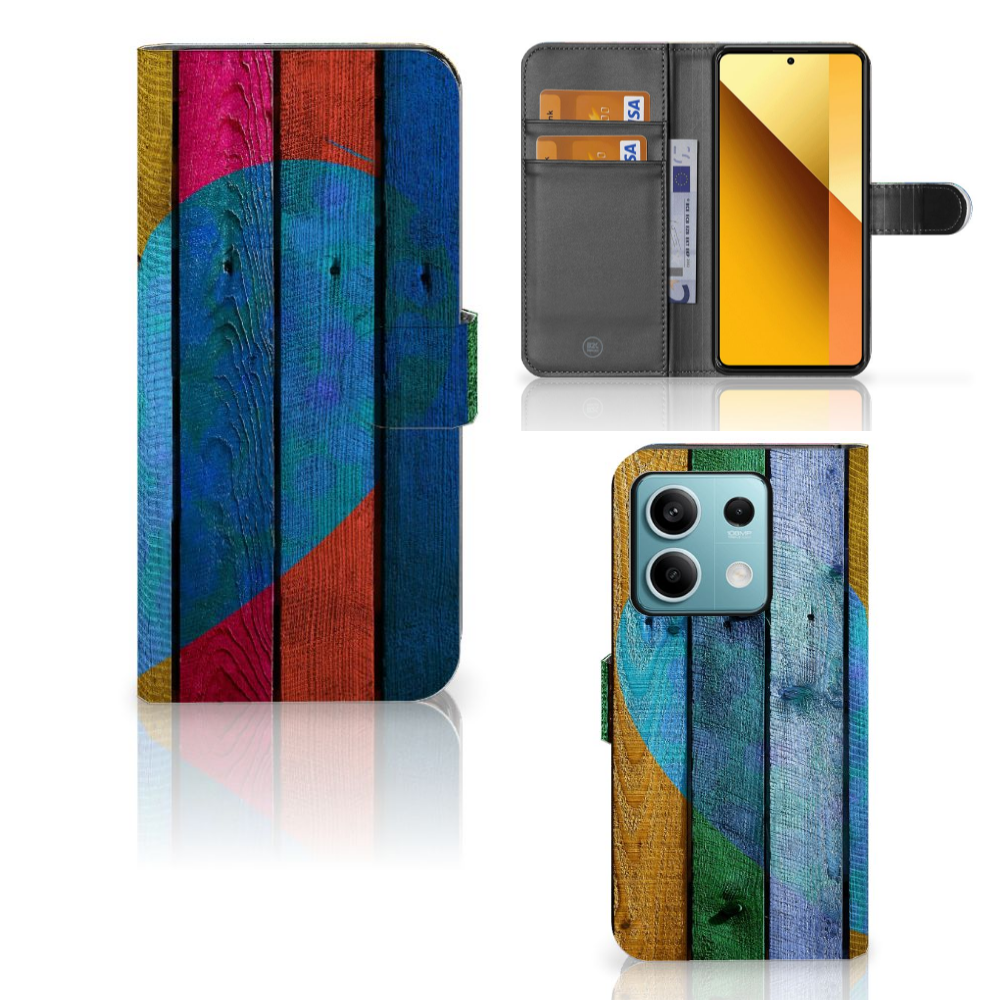 Xiaomi Redmi Note 13 5G Book Style Case Wood Heart aanzicht voorkant binnenkant achterkant