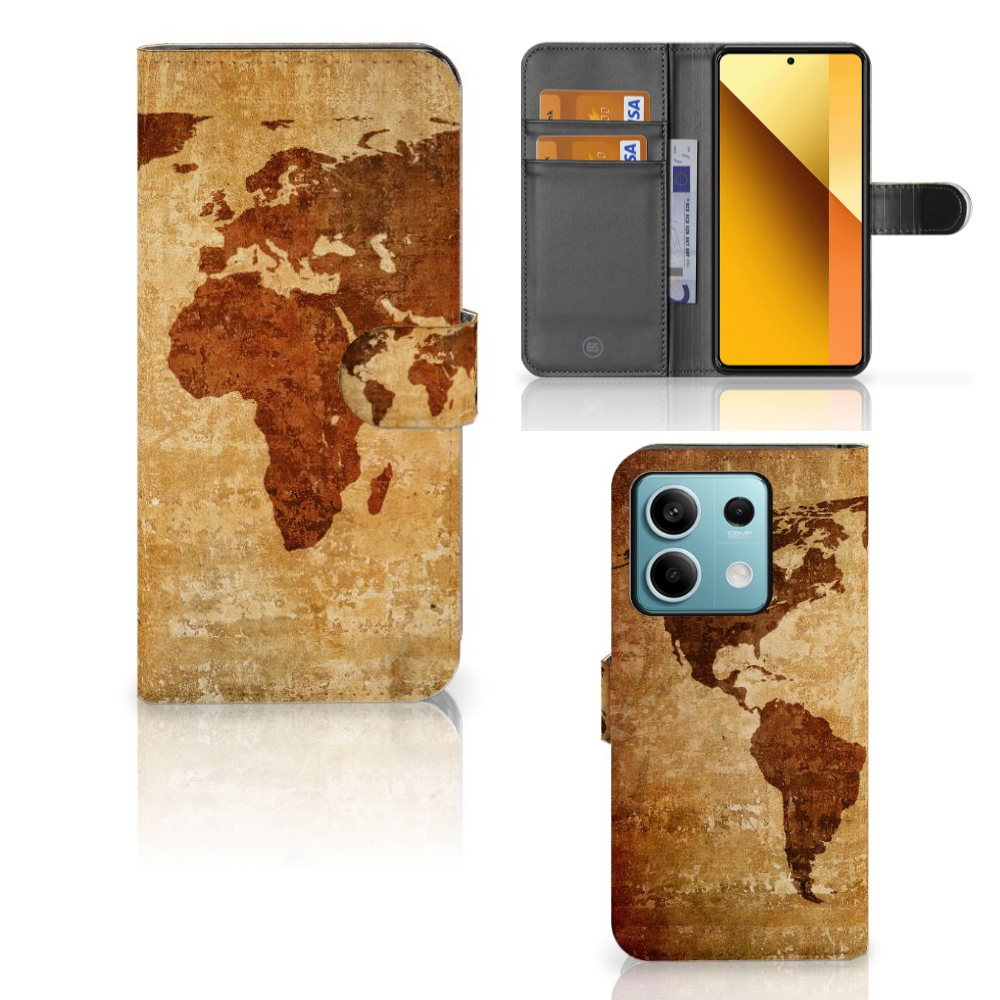 Xiaomi Redmi Note 13 5G Flip Cover Wereldkaart design wereldkaart aanzicht