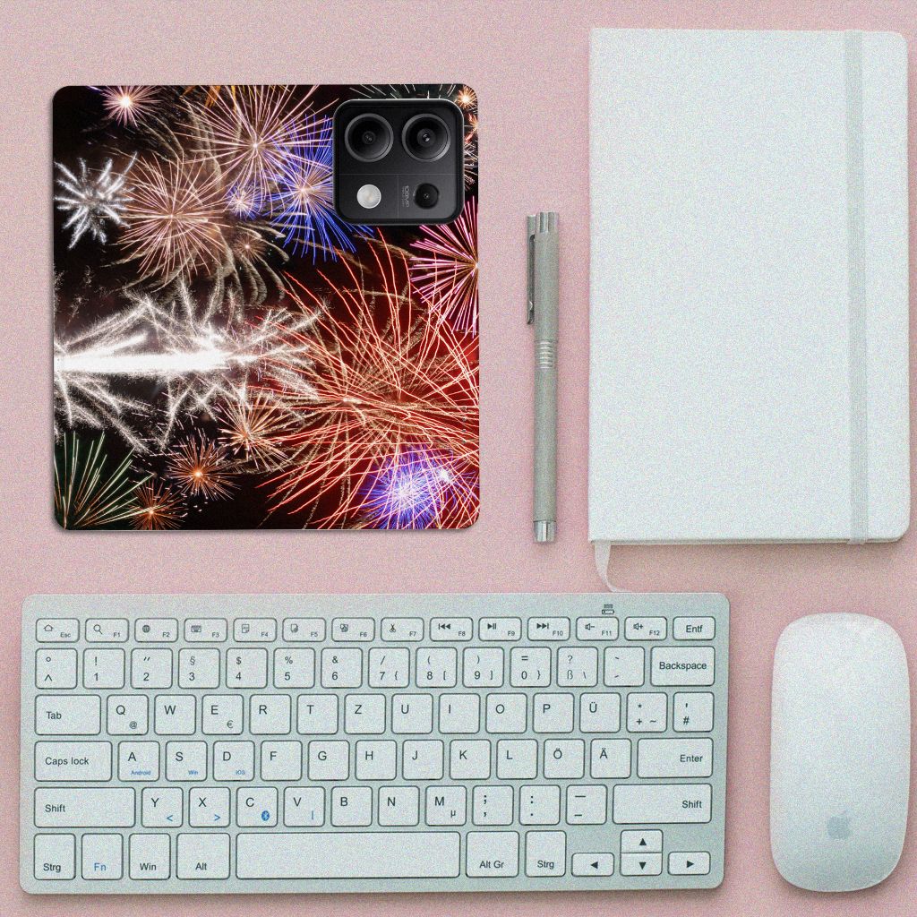 Xiaomi Redmi Note 13 5G Hippe Standcase Vuurwerk siervuurwerk design bovenaanzicht
