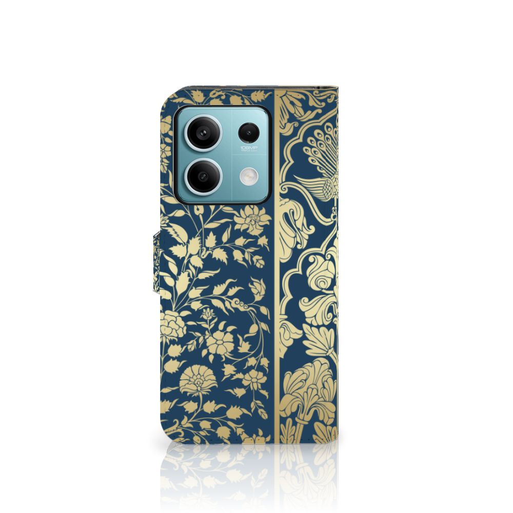 Xiaomi Redmi Note 13 5G Hoesje Beige Flowers boekcase bloemen donkerblauw