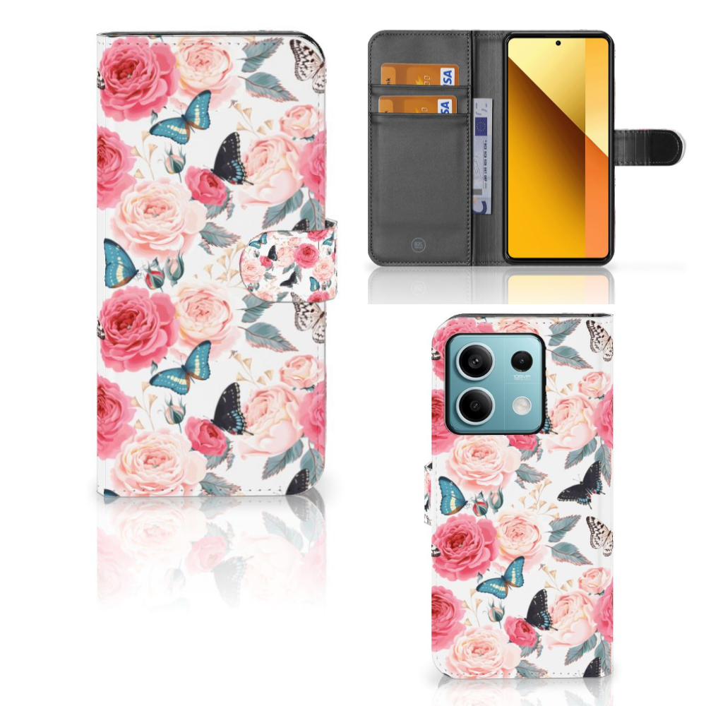 Xiaomi Redmi Note 13 5G Hoesje Butterfly Roses telefoonhoesje bloemen design aanzicht