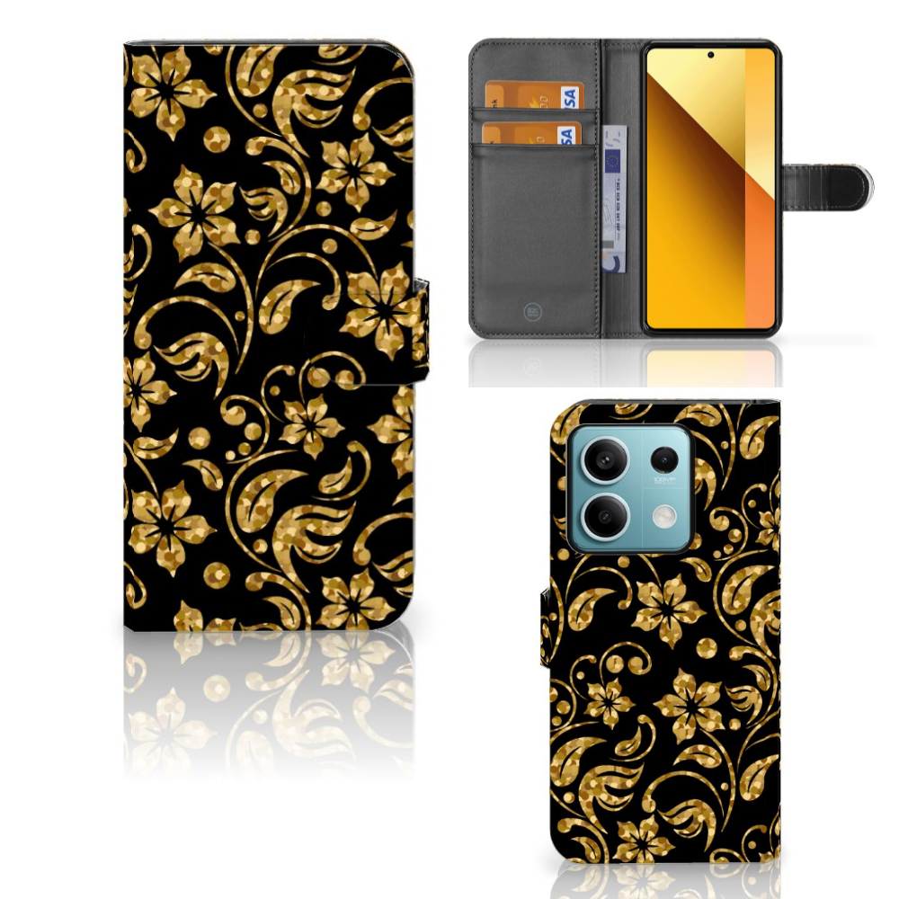 Xiaomi Redmi Note 13 5G Hoesje Gouden Bloemen telefoonhoesje zwarte achtergrond gouden bloemen design vooraan zijkant binnenkant