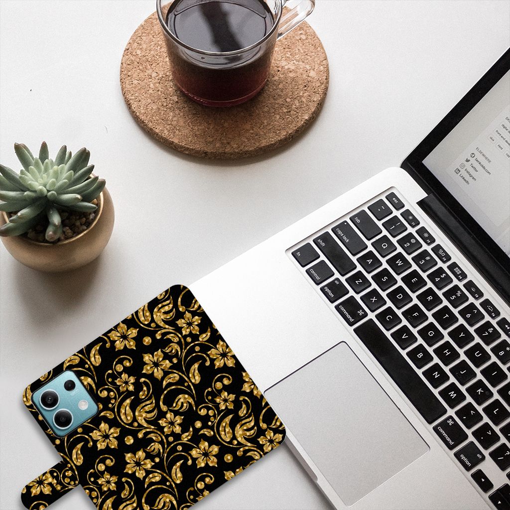 Xiaomi Redmi Note 13 5G Hoesje Gouden Bloemen design bovenaanzicht