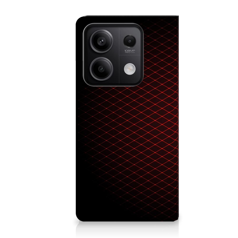 Xiaomi Redmi Note 13 5G Hoesje met Magneet Geruit Rood op zwarte achtergrond, stijlvol en duurzaam.