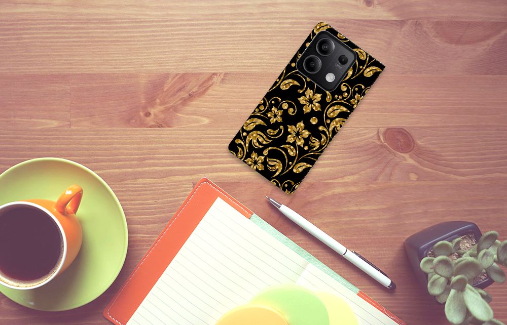 Xiaomi Redmi Note 13 5G Smart Cover Gouden Bloemen telefoonhoesje zwart met gouden bloemen design bovenaanzicht