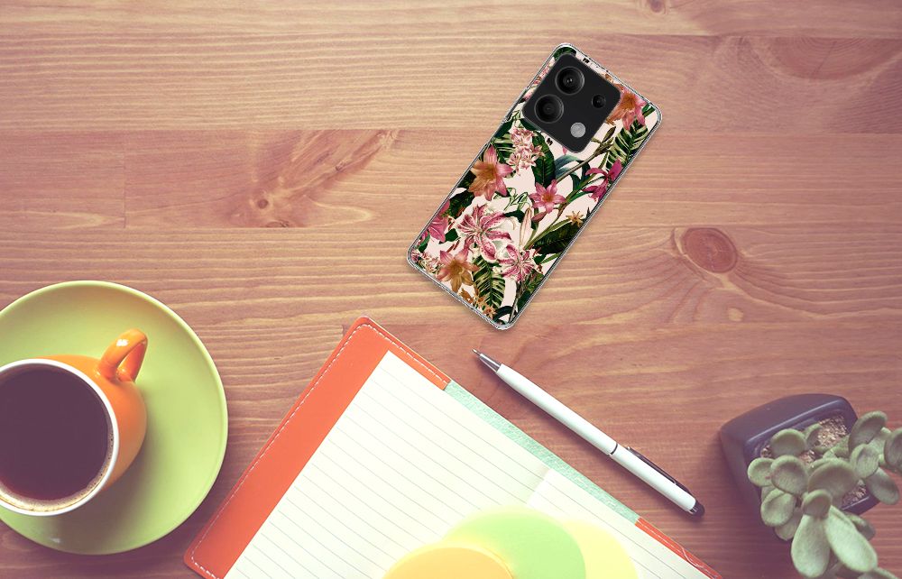 Xiaomi Redmi Note 13 5G TPU Case Flowers bloemen groen bladeren aanzicht