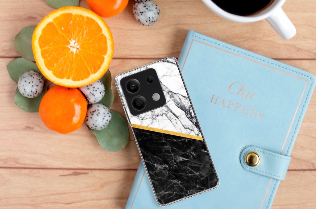 Xiaomi Redmi Note 13 5G TPU Siliconen Hoesje Marmer Wit Zwart aanzicht