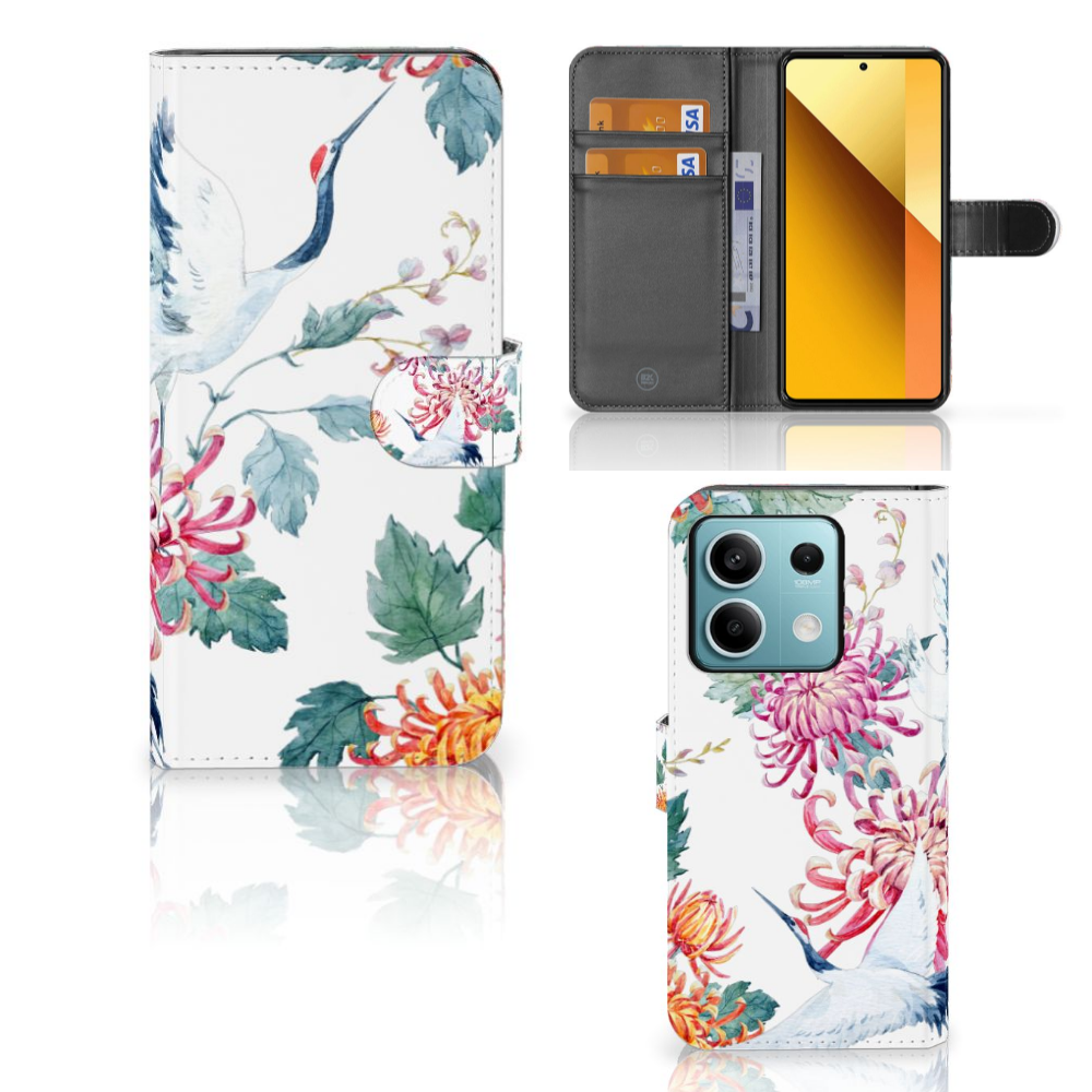 Xiaomi Redmi Note 13 5G Telefoonhoesje met Pasjes Bird Flowers telefoonhoesje design Ooievaars aanzicht