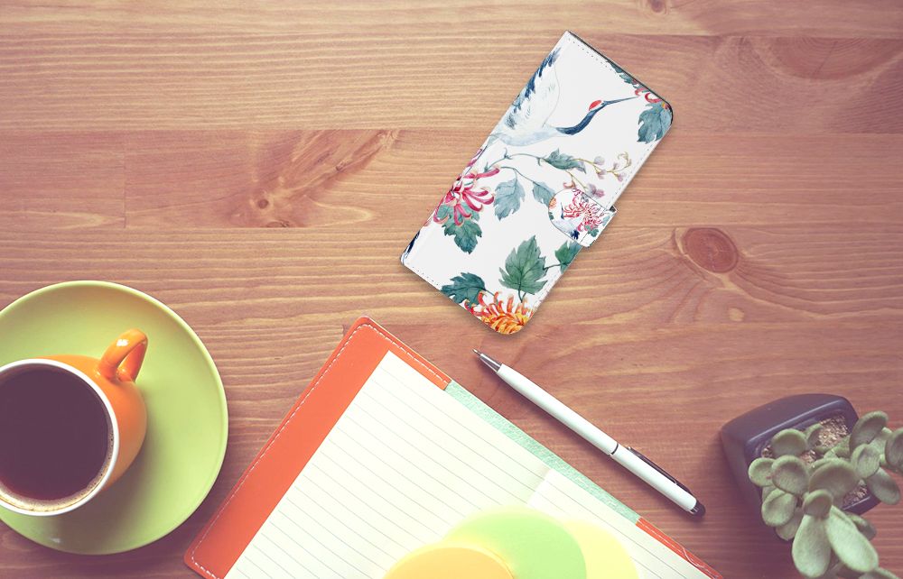 Xiaomi Redmi Note 13 5G Telefoonhoesje met Pasjes Bird Flowers design overhead