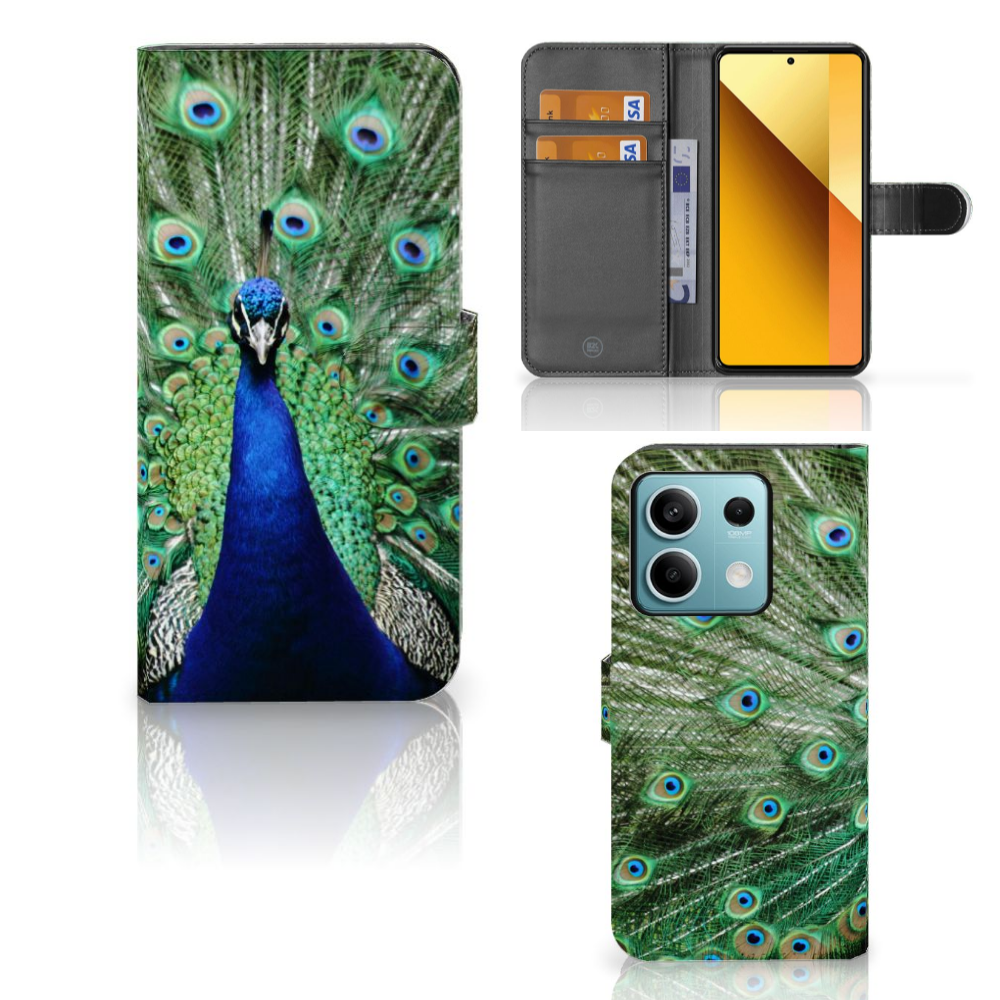 Xiaomi Redmi Note 13 5G Telefoonhoesje met Pasjes Pauw boekhoesje aanzicht