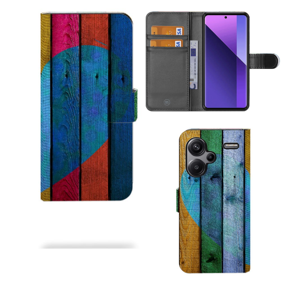 Xiaomi Redmi Note 13 Pro Plus Book Style Case Wood Heart voorzijde binnenzijde achterzijde