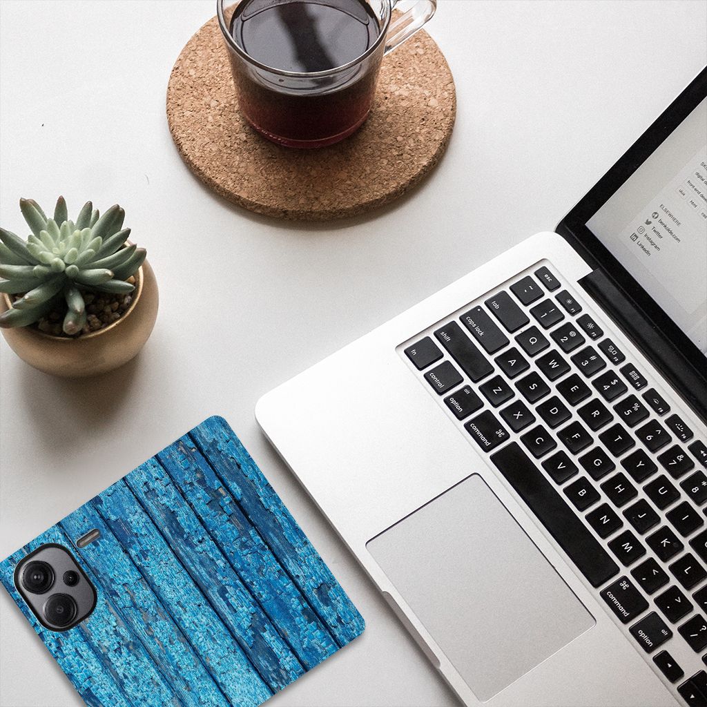 Xiaomi Redmi Note 13 Pro Plus Book Wallet Case Wood Blue met blauw houten design aanzicht