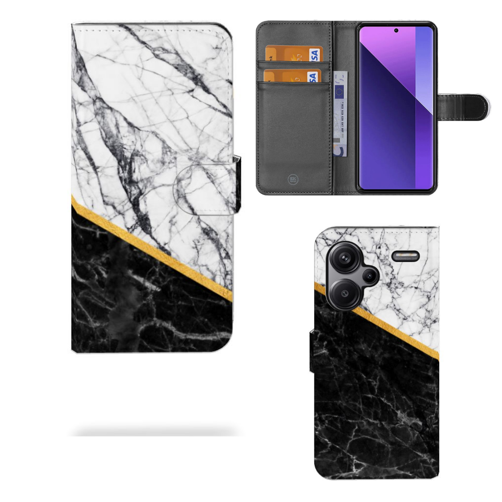 Xiaomi Redmi Note 13 Pro Plus Bookcase Marmer Wit Zwart - Origineel Cadeau Man met luxe gouden scheidingslijn.