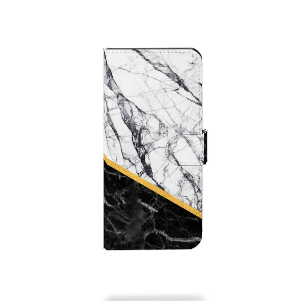 Xiaomi Redmi Note 13 Pro Plus Bookcase Marmer Wit Zwart - Origineel Cadeau Man met luxe zwart-wit marmer design en gouden lijn.