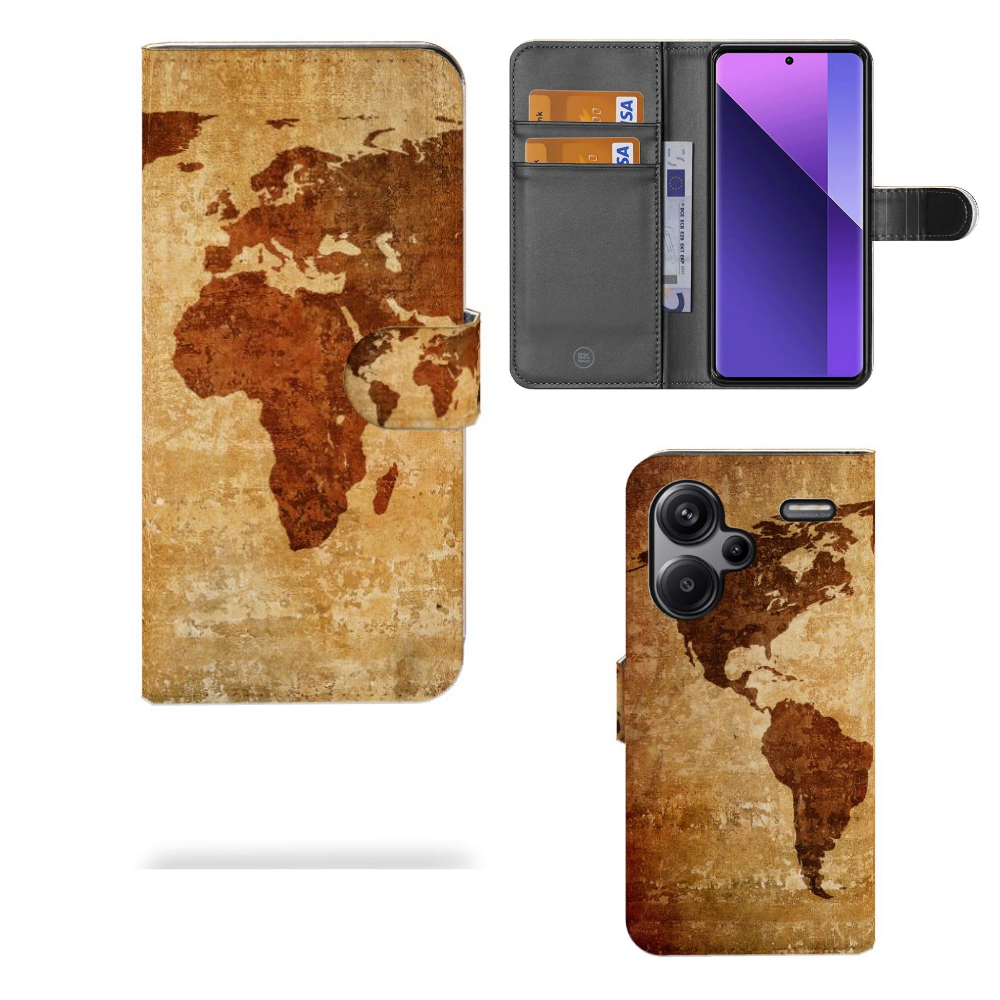 Xiaomi Redmi Note 13 Pro Plus Flip Cover Wereldkaart met pasjes, duurzaam en stijlvol, perfect als cadeau 🌍.