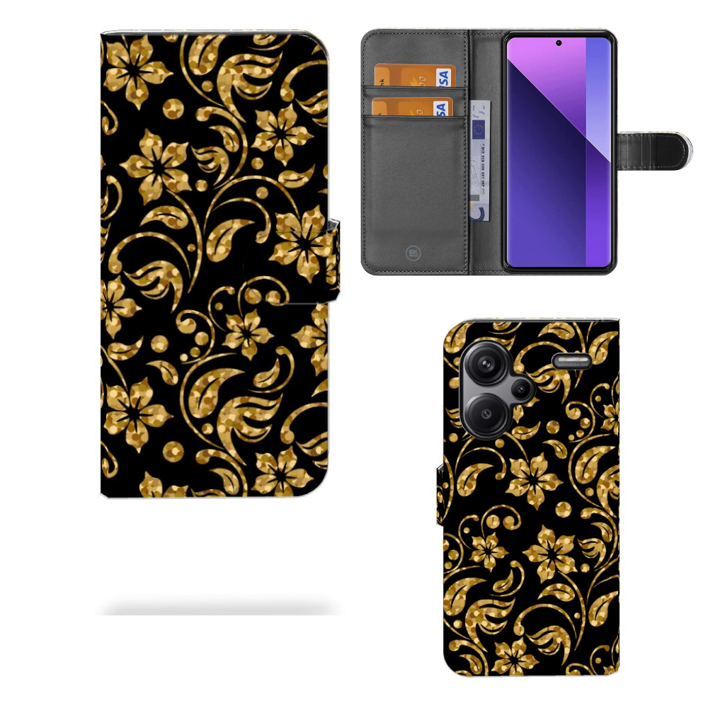 Xiaomi Redmi Note 13 Pro Plus Hoesje Gouden Bloemen design voorkant binnenkant achterkant