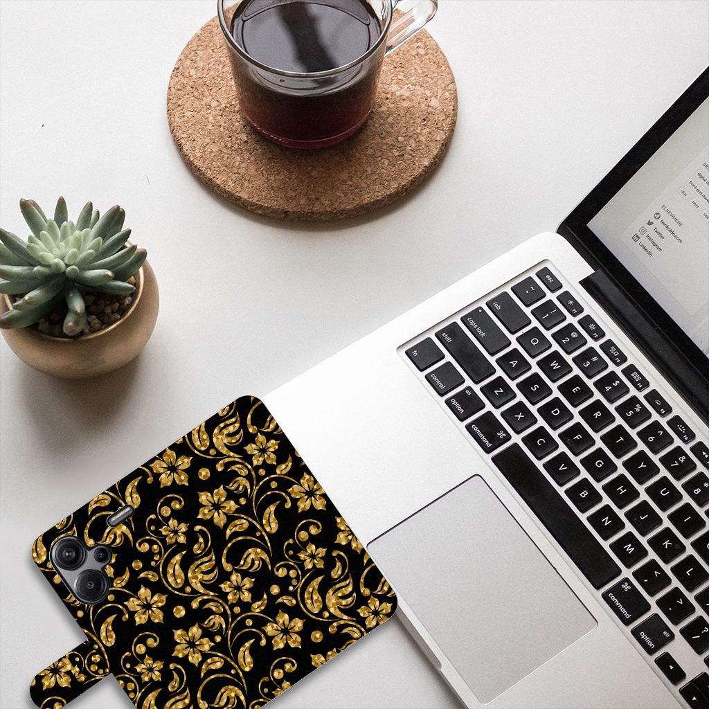 Xiaomi Redmi Note 13 Pro Plus Hoesje Gouden Bloemen design boven aanzicht