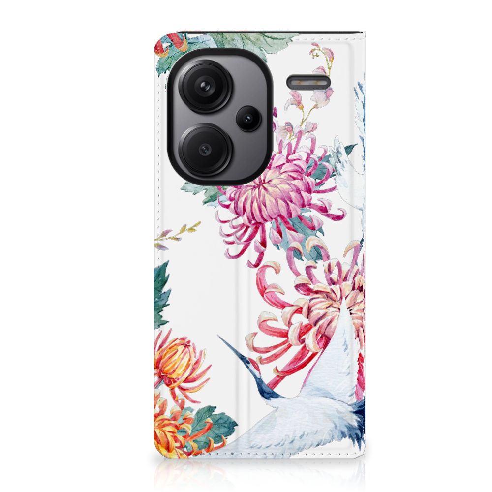 Xiaomi Redmi Note 13 Pro Plus Hoesje maken Bird Flowers met kleurrijke bloemen en ooievaars, ideaal cadeau voor bescherming 🎁