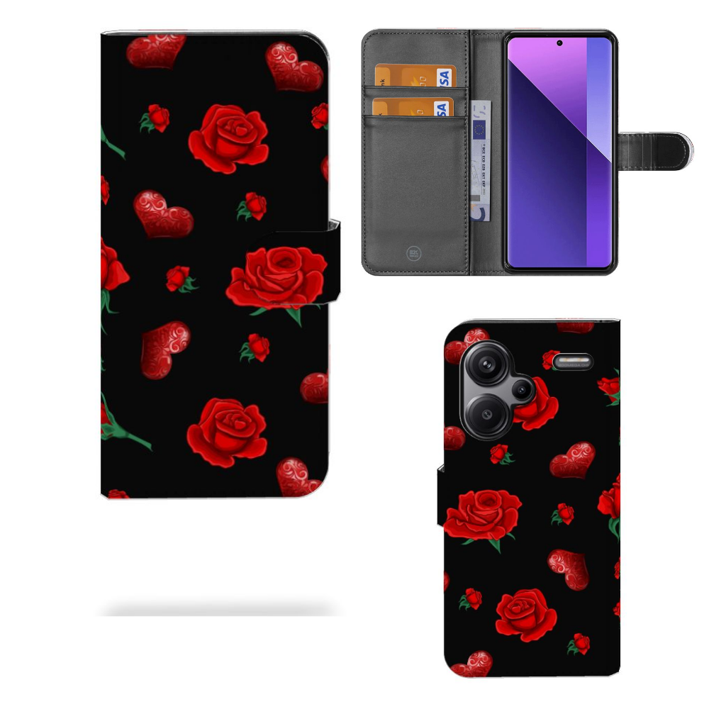 Xiaomi Redmi Note 13 Pro Plus Leuk Hoesje Valentine hoesje design zwart rozen hartjes