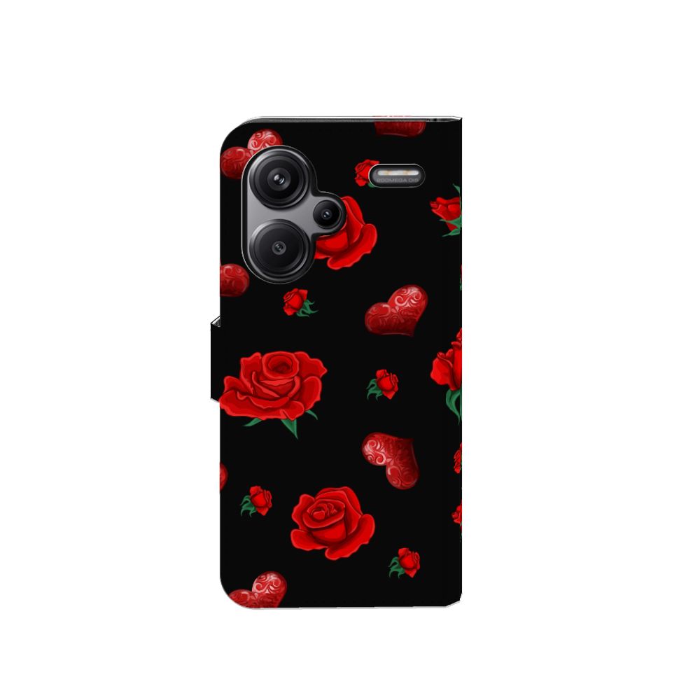 Xiaomi Redmi Note 13 Pro Plus Leuk Hoesje Valentine bookcase bloemen hartjes vooraanzicht