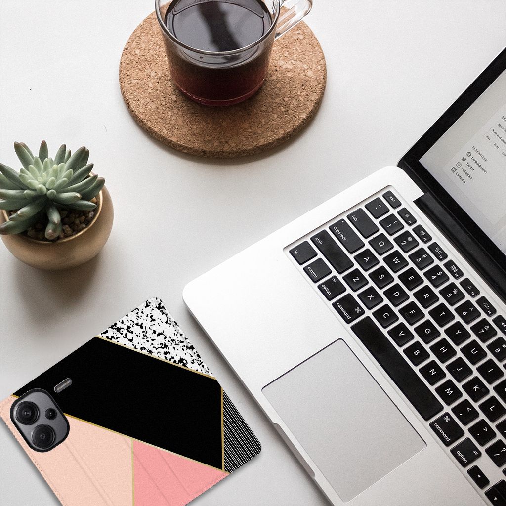 Xiaomi Redmi Note 13 Pro Plus Stand Case Zwart Roze Vormen aanzicht