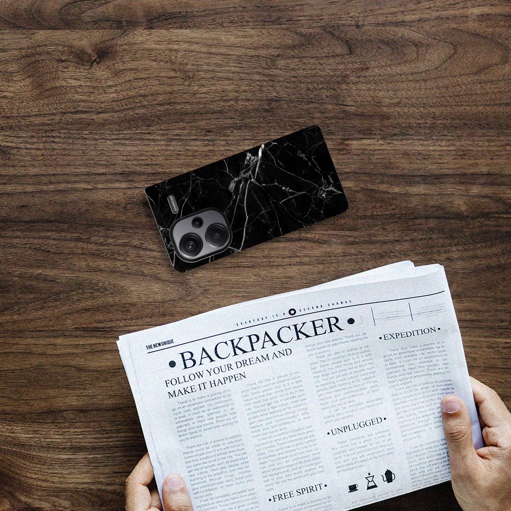 Xiaomi Redmi Note 13 Pro Plus Standcase Marmer Zwart ontwerp bovenaanzicht