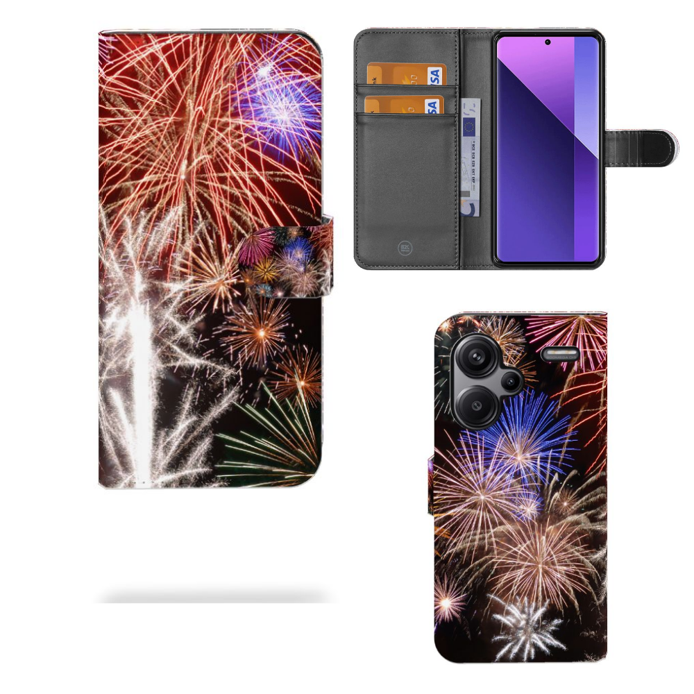 Xiaomi Redmi Note 13 Pro Plus Wallet Case met Pasjes Vuurwerk vuurwerk design voorkant binnenkant zijkant