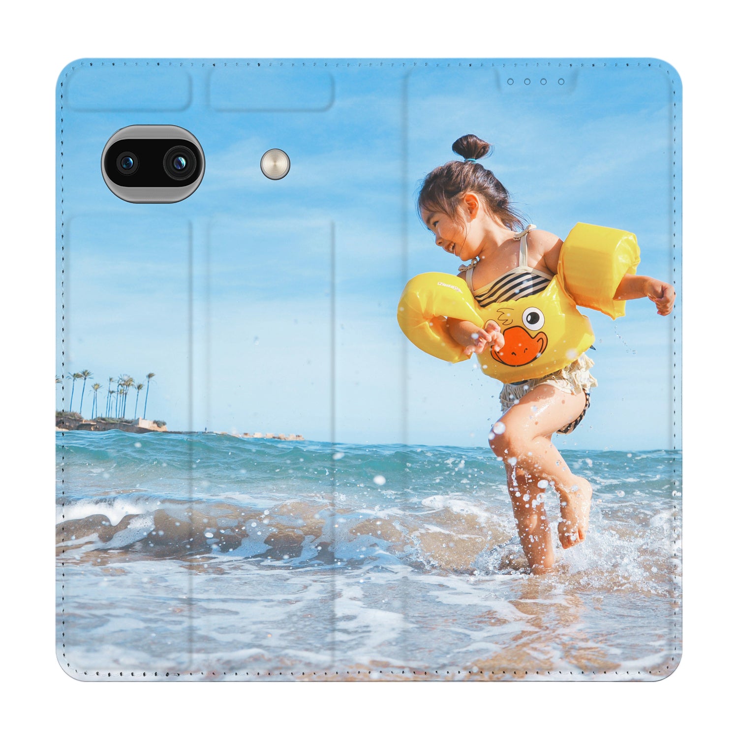 Google Pixel 8A Zelf Ontwerpen Stand Case Hoesje kind speelt met zwemring strand uitzicht
