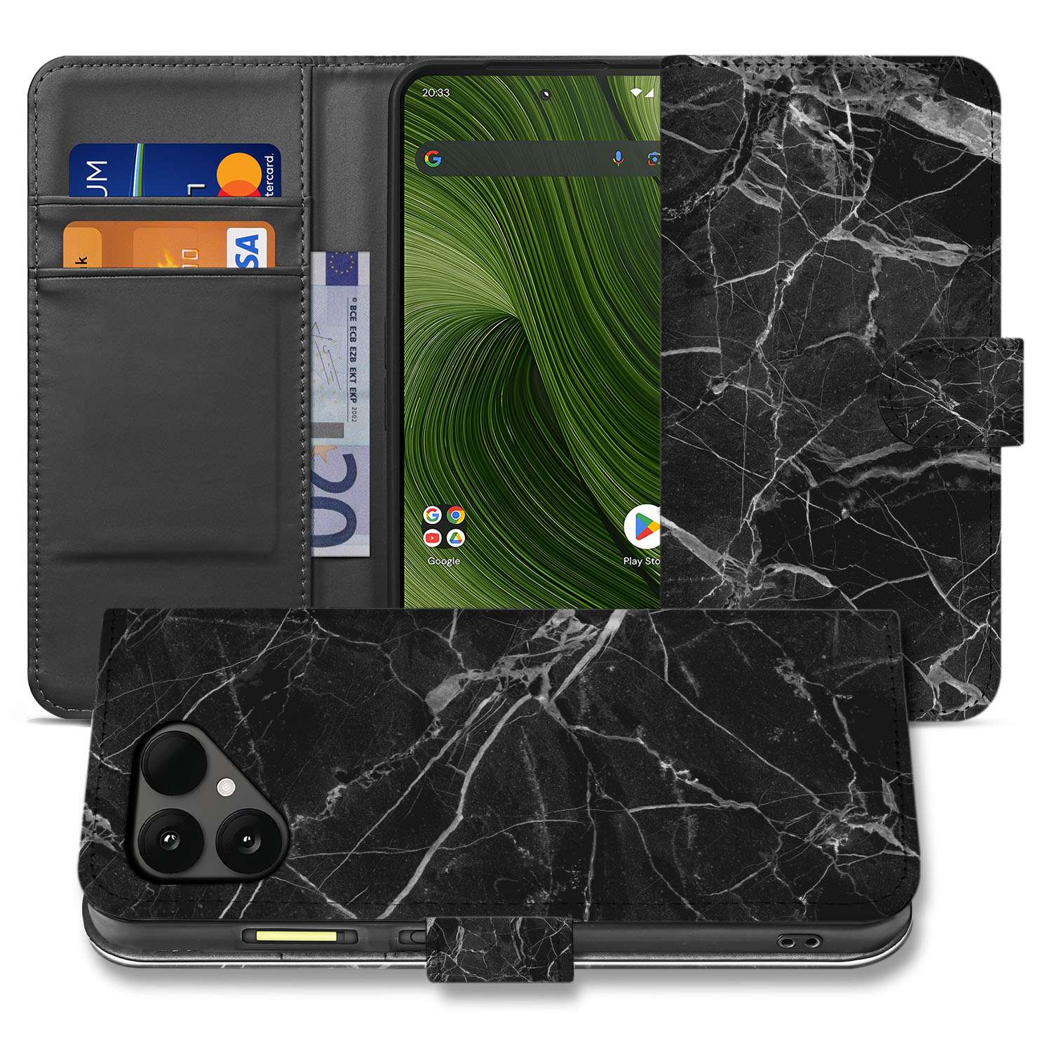 Zwart Marmer Met Pasjesvak Luxe Fairphone 6 Portemonnee Hoesje binnenzijde aanzicht