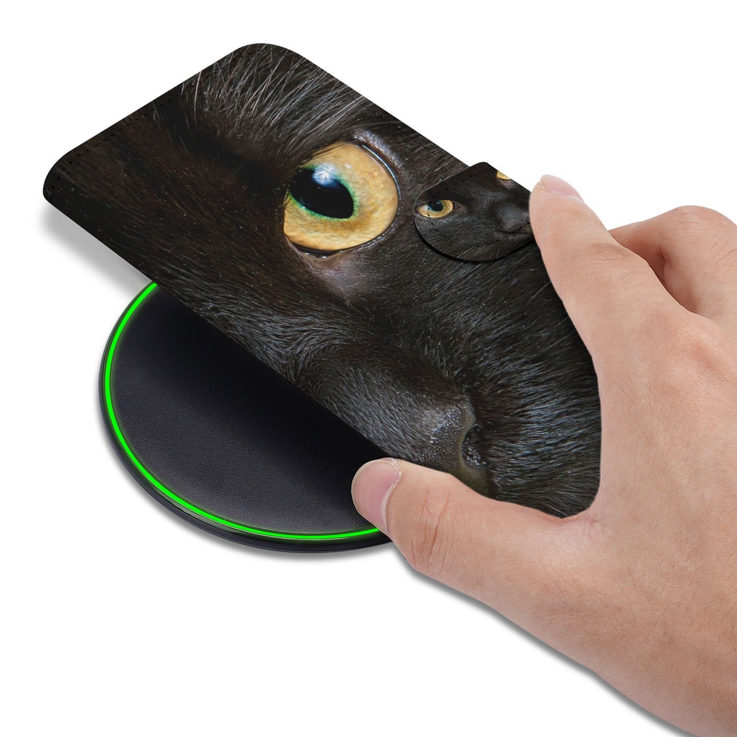 Zwarte Kat Telefoonhoesje iPhone 17 Pro Book Case kattenprint hand boven draadloze oplader