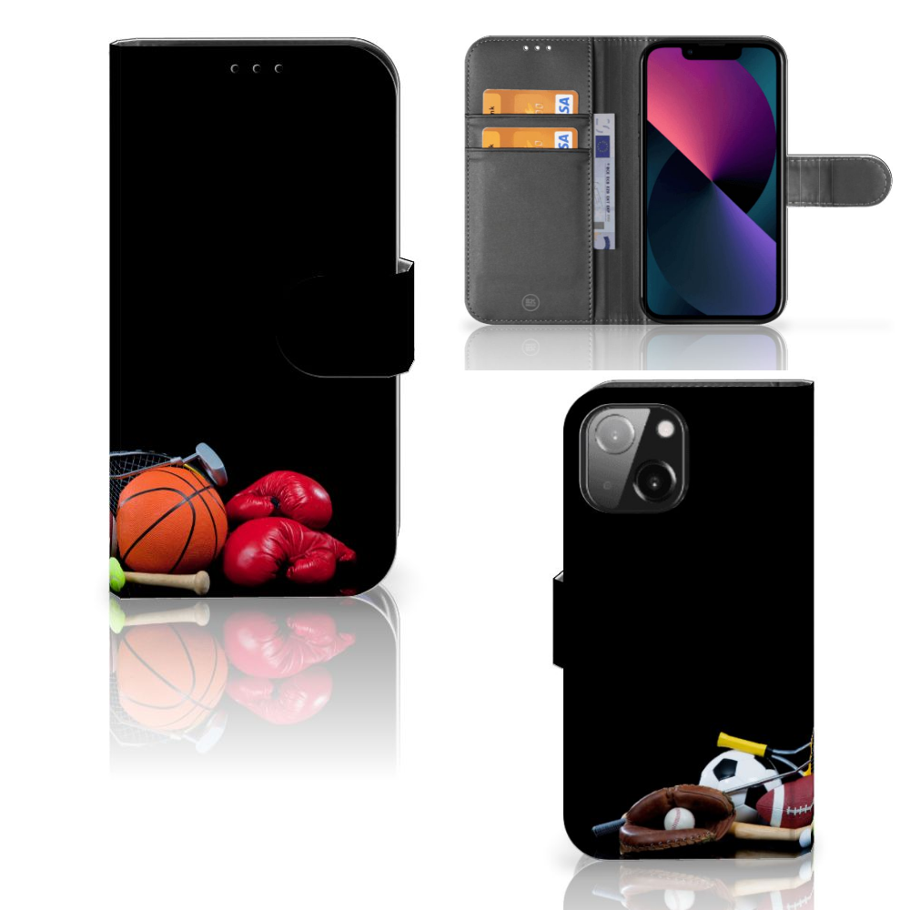 iPhone 13 Mini Wallet Case met Pasjes Sports met sportuitrusting zoals basketbal en bokshandschoenen