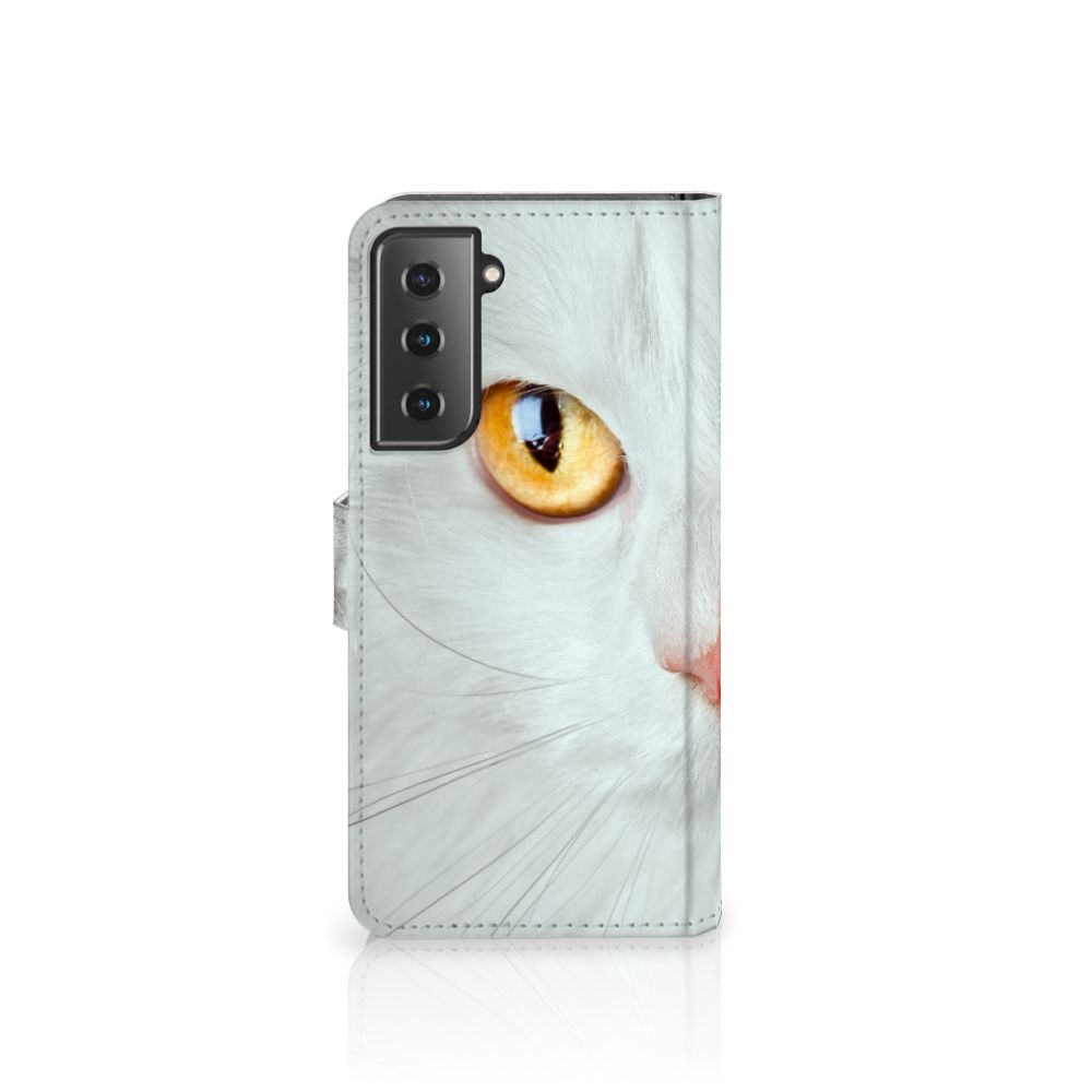 Samsung Galaxy S21 Telefoonhoesje met Pasjes Witte Kat