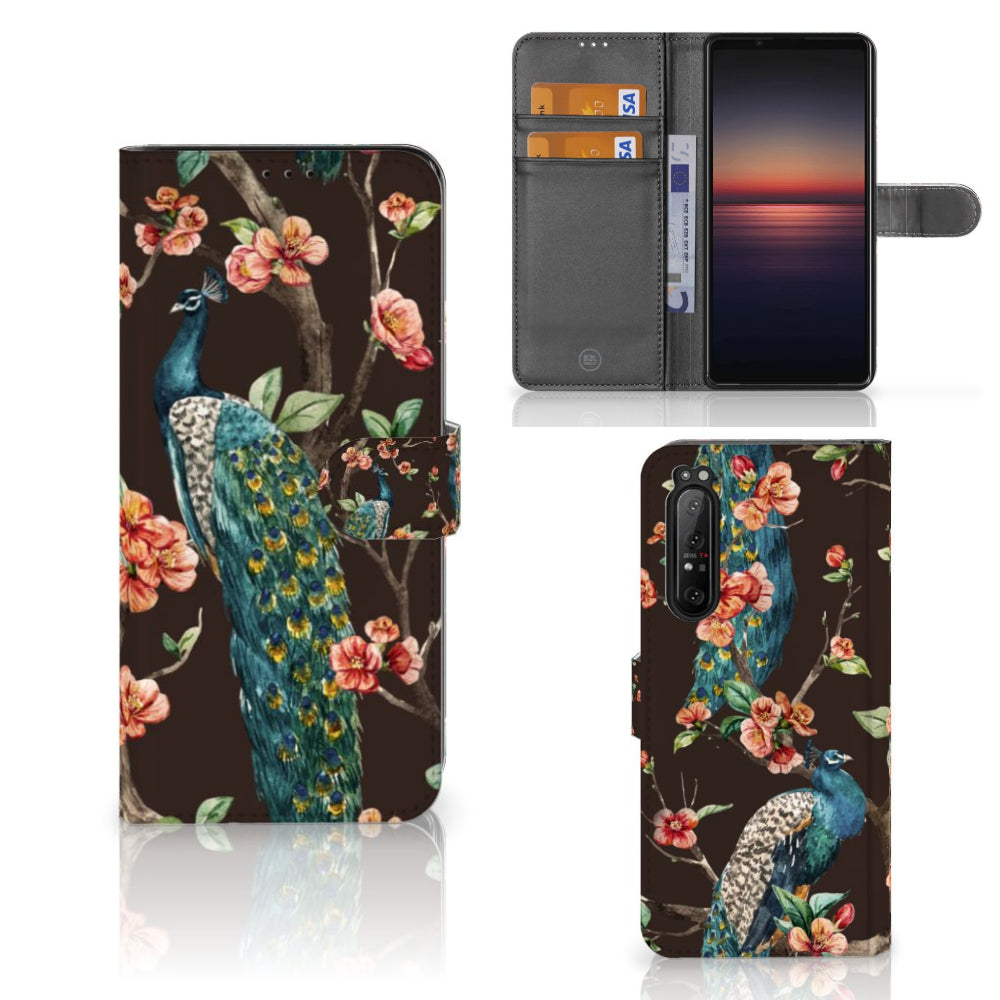 Sony Xperia 1 II Telefoonhoesje met Pasjes Pauw met Bloemen