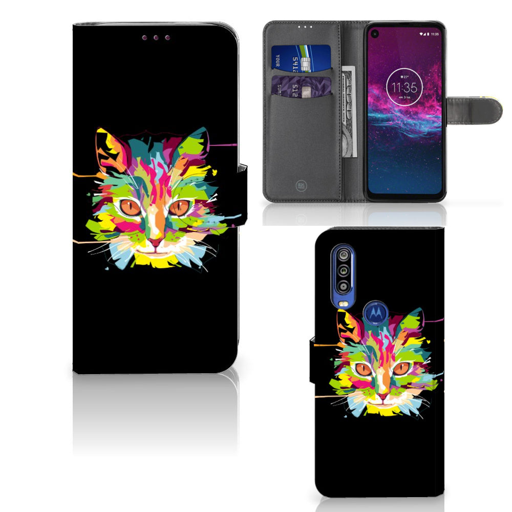 Motorola One Action Leuk Hoesje Cat Color