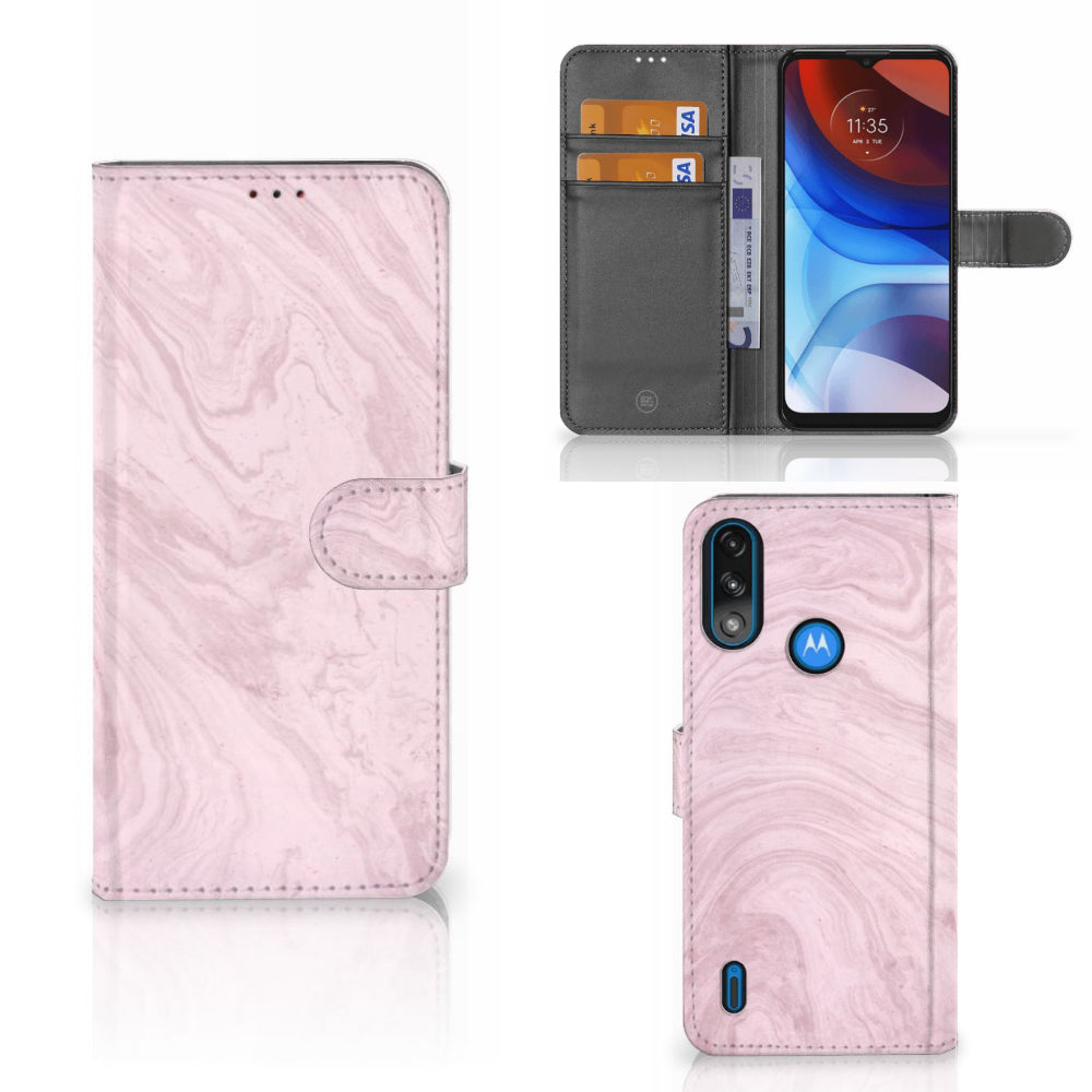 Motorola Moto E7i Power | E7 Power Bookcase Marble Pink - Origineel Cadeau Vriendin