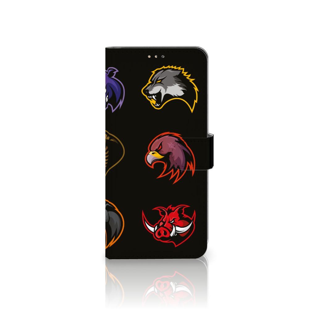 Samsung Galaxy A42 5G Leuk Hoesje Cartoon met kleurrijke dierenprints op zwarte achtergrond.