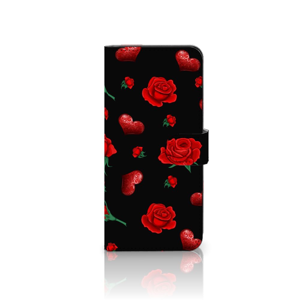 Samsung Galaxy A14 4G Leuk Hoesje Valentine met rood rozen en harten design op een zwarte achtergrond.