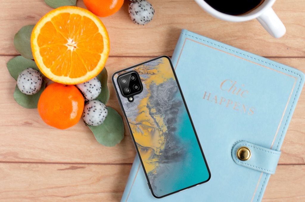 Samsung Galaxy A12 Marmeren Print Telefoonhoesje Marble Blue Gold B2C Telecom
