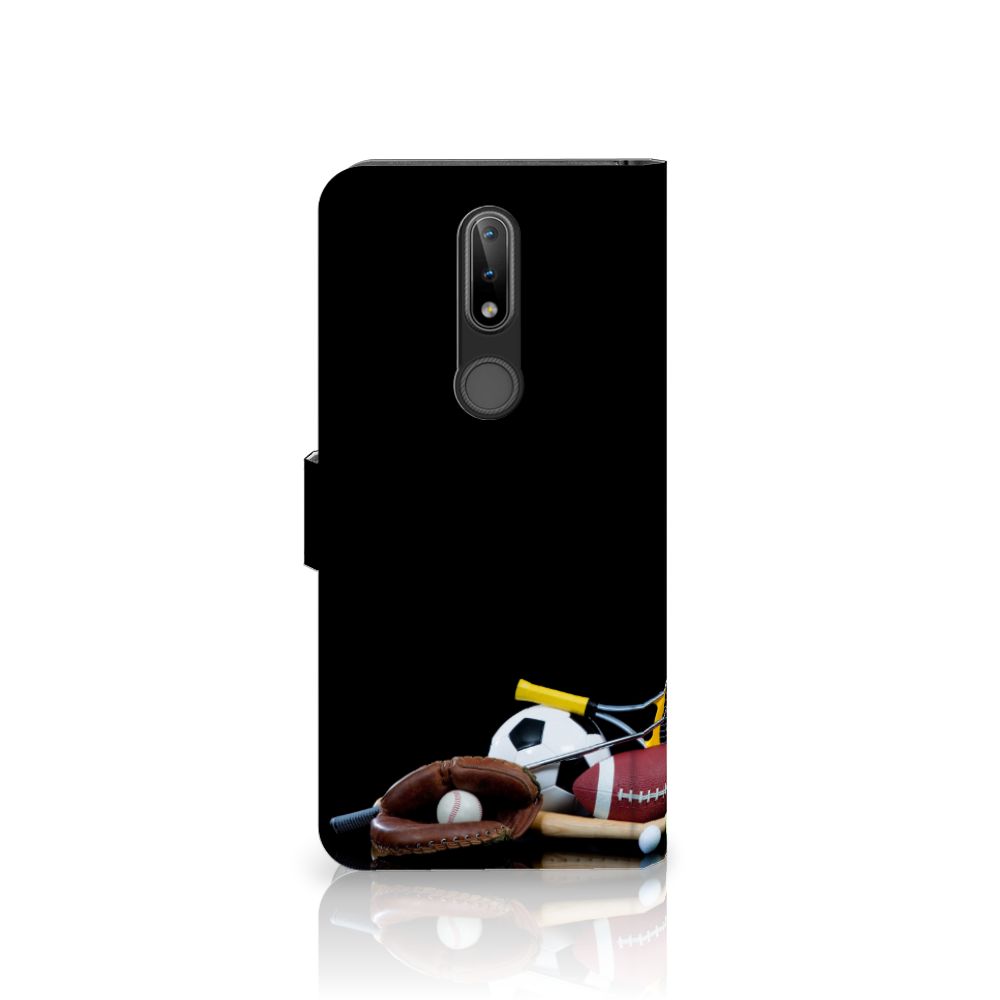 Nokia 2.4 Wallet Case met Pasjes Sports met verschillende sport afbeeldingen en houders voor pasjes en geld.