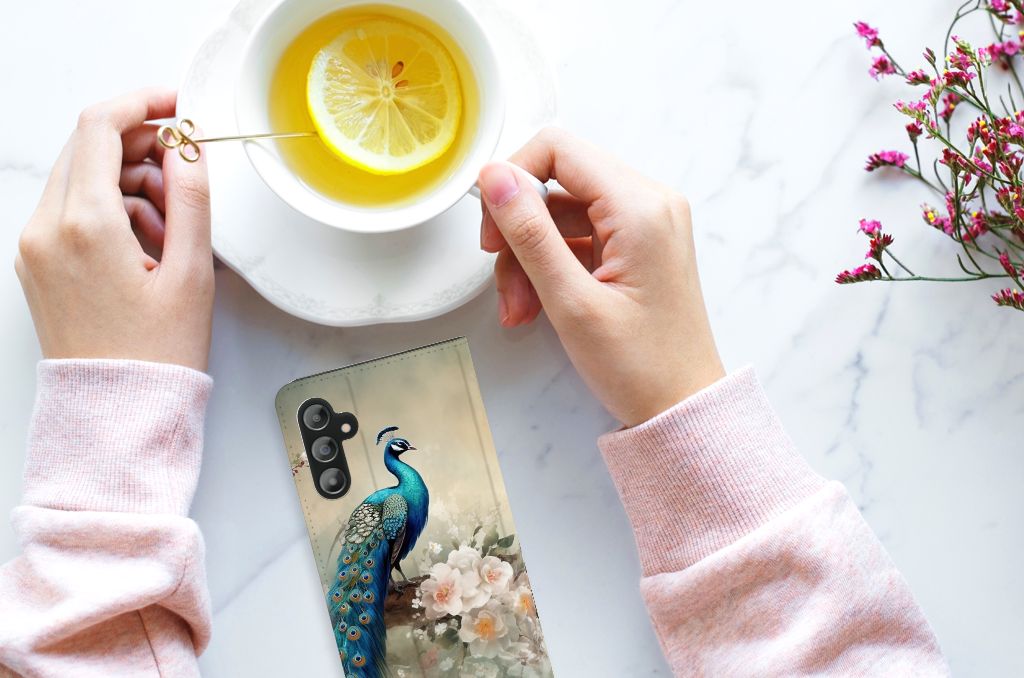 Hoesje maken voor Samsung Galaxy A14 5G Vintage Pauwen met kleurrijk pauwen ontwerp en een kopje thee