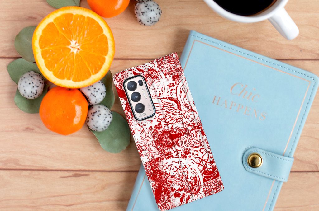 Mobiel BookCase OPPO Find X3 Neo Angel Skull Rood - B2C Telecom