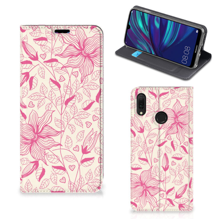 Huawei Y7 hoesje Y7 Pro (2019) Smart Cover Pink Flowers