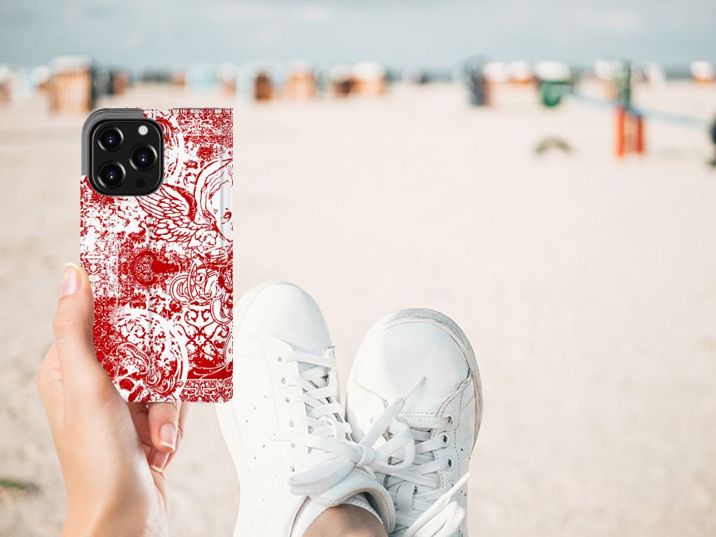 Mobiel BookCase iPhone 13 Pro Angel Skull Rood - B2C Telecom