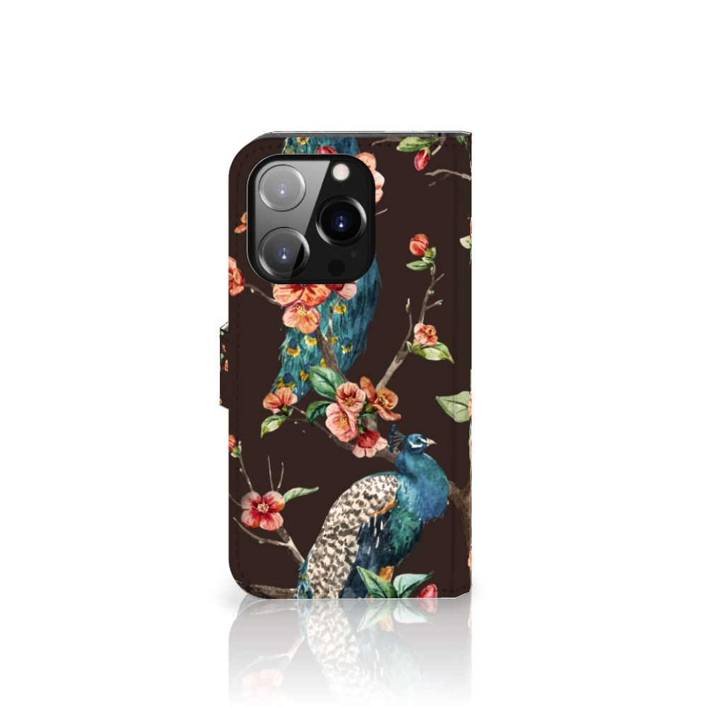 iPhone 14 Pro Telefoonhoesje met Pasjes Pauw met Bloemen