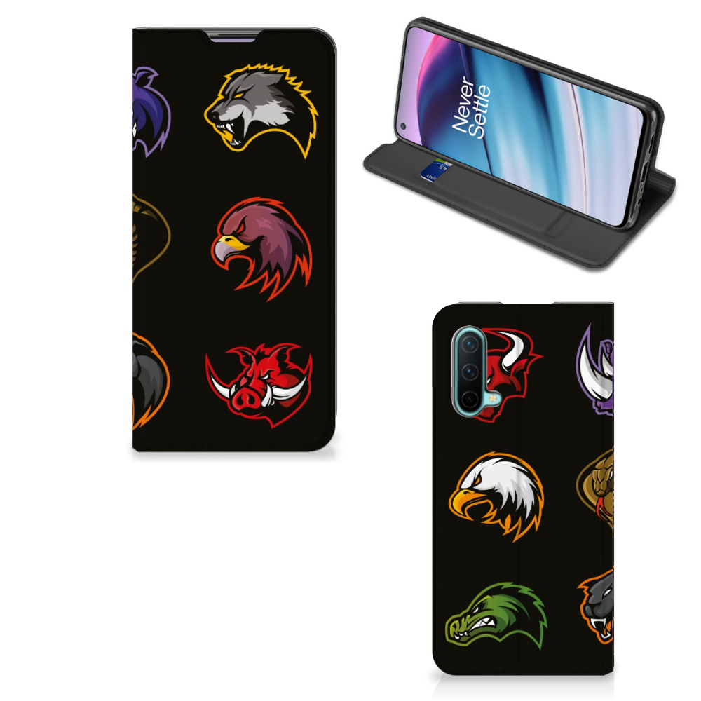 OnePlus Nord CE 5G Magnet Case Cartoon met verschillende dierenmaskers op een zwarte achtergrond.