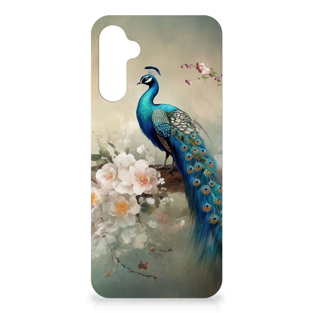 Case Anti-shock voor Samsung Galaxy A14 5G Vintage Pauwen met kleurrijke pauw en bloemen op een elegante achtergrond.