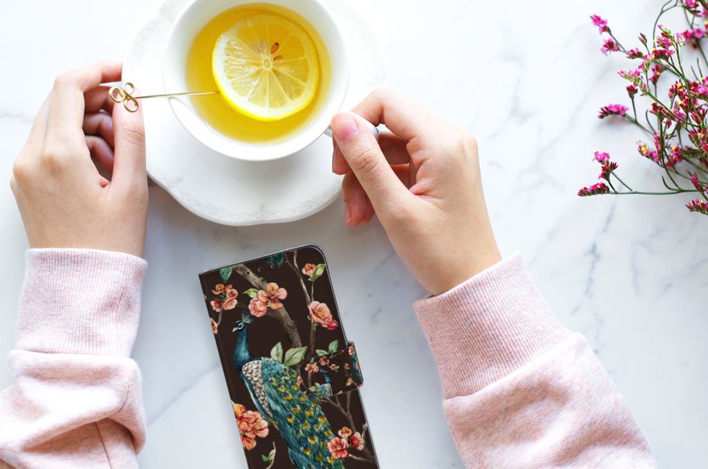 Alcatel 1S 2020 Telefoonhoesje met Pasjes Pauw met Bloemen